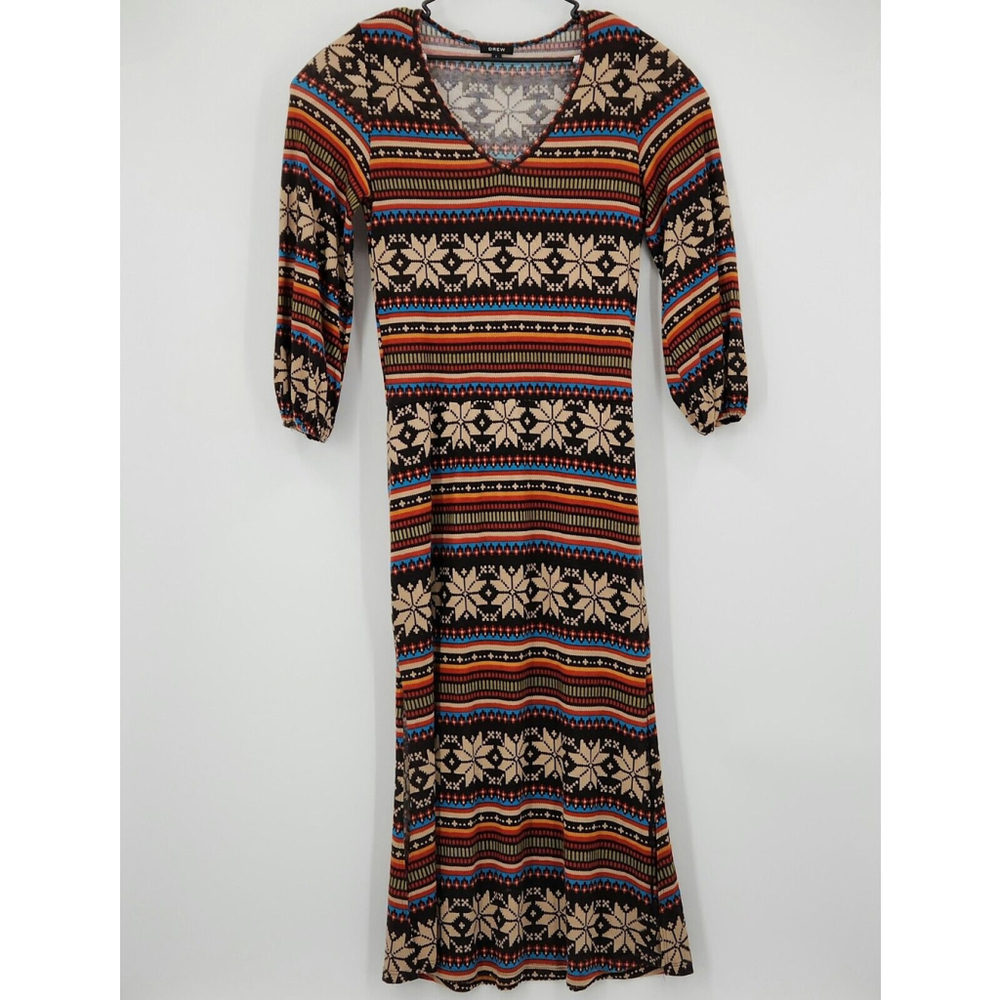 The Drew FairIsle Bohemian Maxi Long Sleeve V Neck Dress Large Cowgirl Western